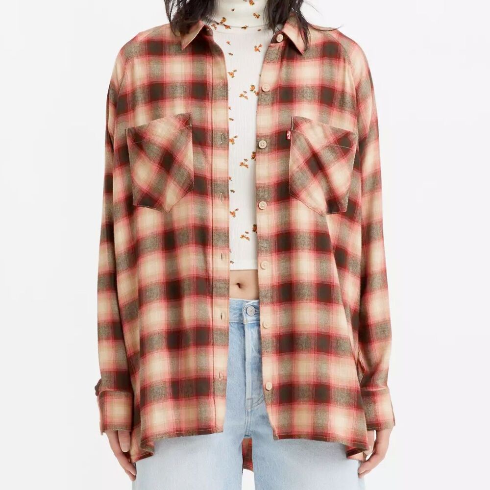 Levi's Women's Harrison Raglan Plaid Shirt Size S Pink Beige Cotton Blend L/S